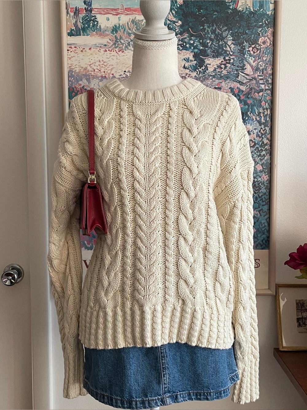 J Crew Cable Knit Sweater Womens Medium Cream Cotton Crewneck Cottage Fisherman